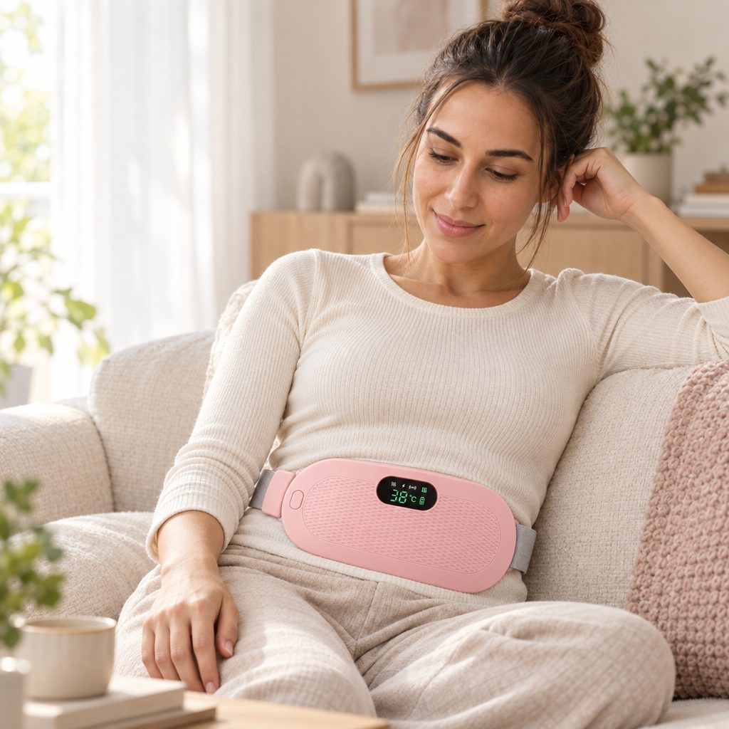 Jeune femme détendue sur un canapé, la ceinture chauffante rose portée sur un pull
