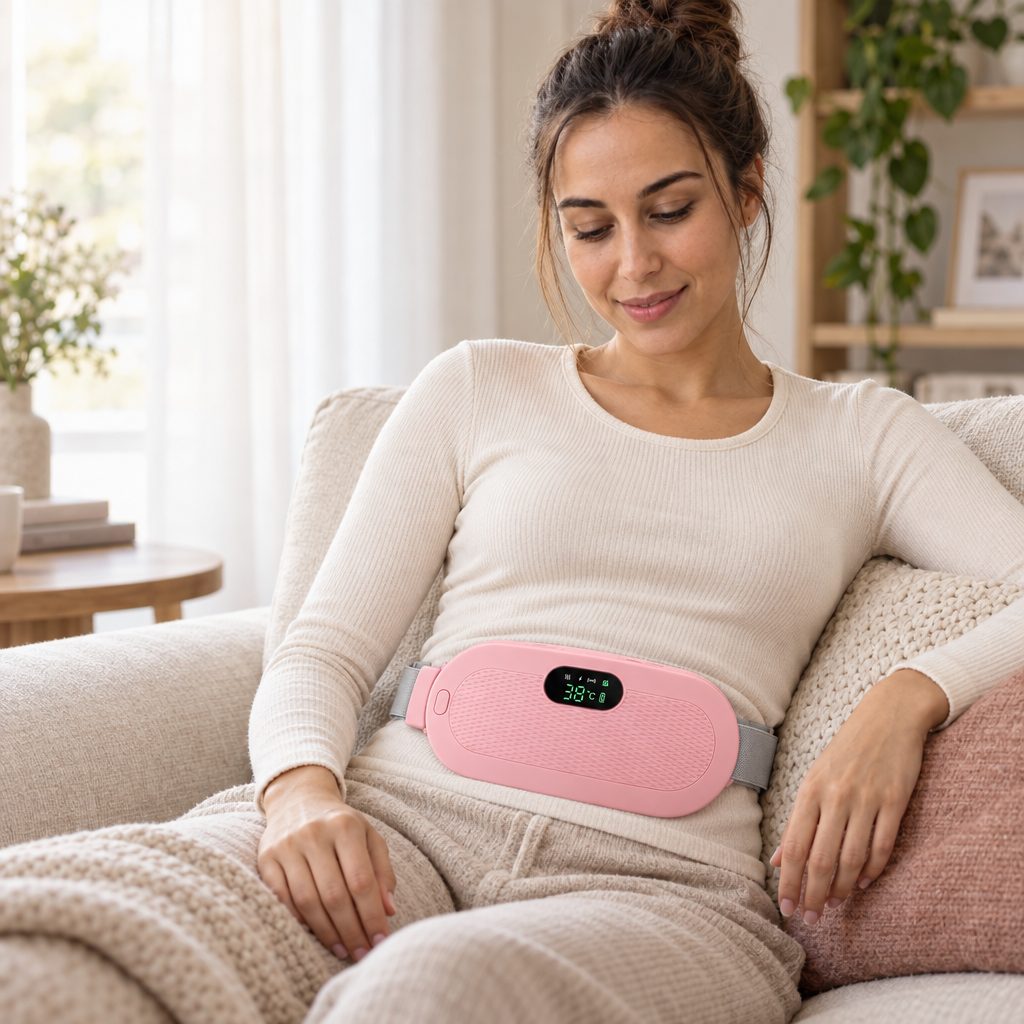 Jeune femme assise dans un canapé, la ceinture portée à la taille